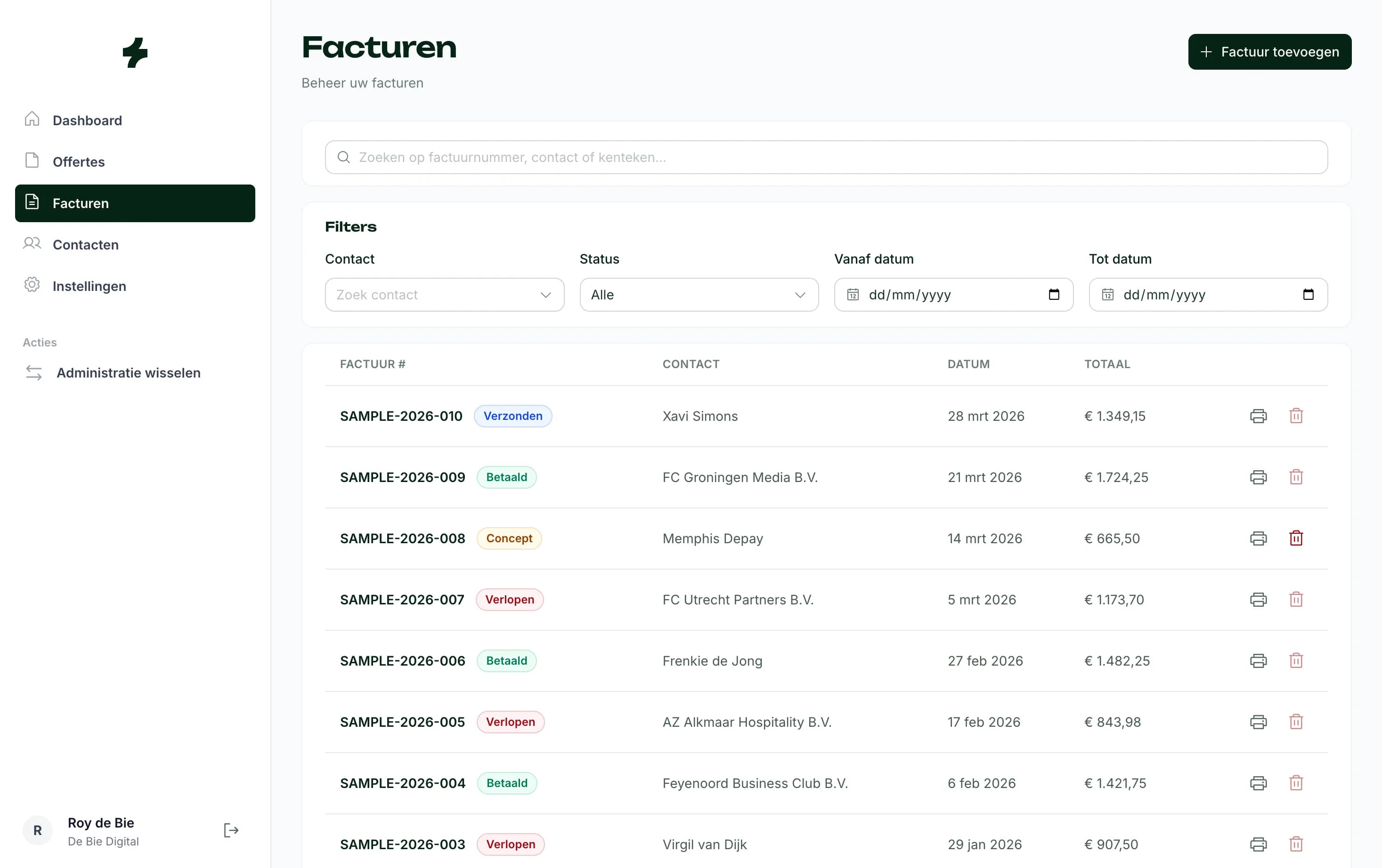 Factuuren facturatie dashboard